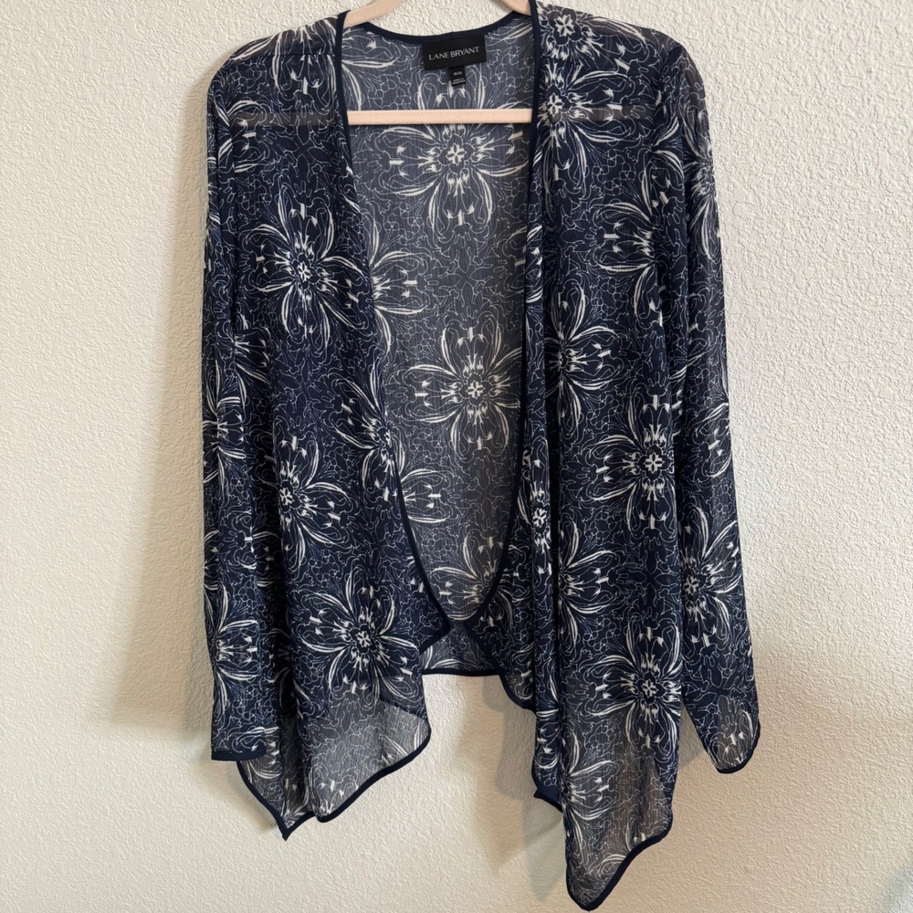 Lane Bryant Navy Blue White Floral Sheer Chiffon Open Front Cardigan Plus 14/16
